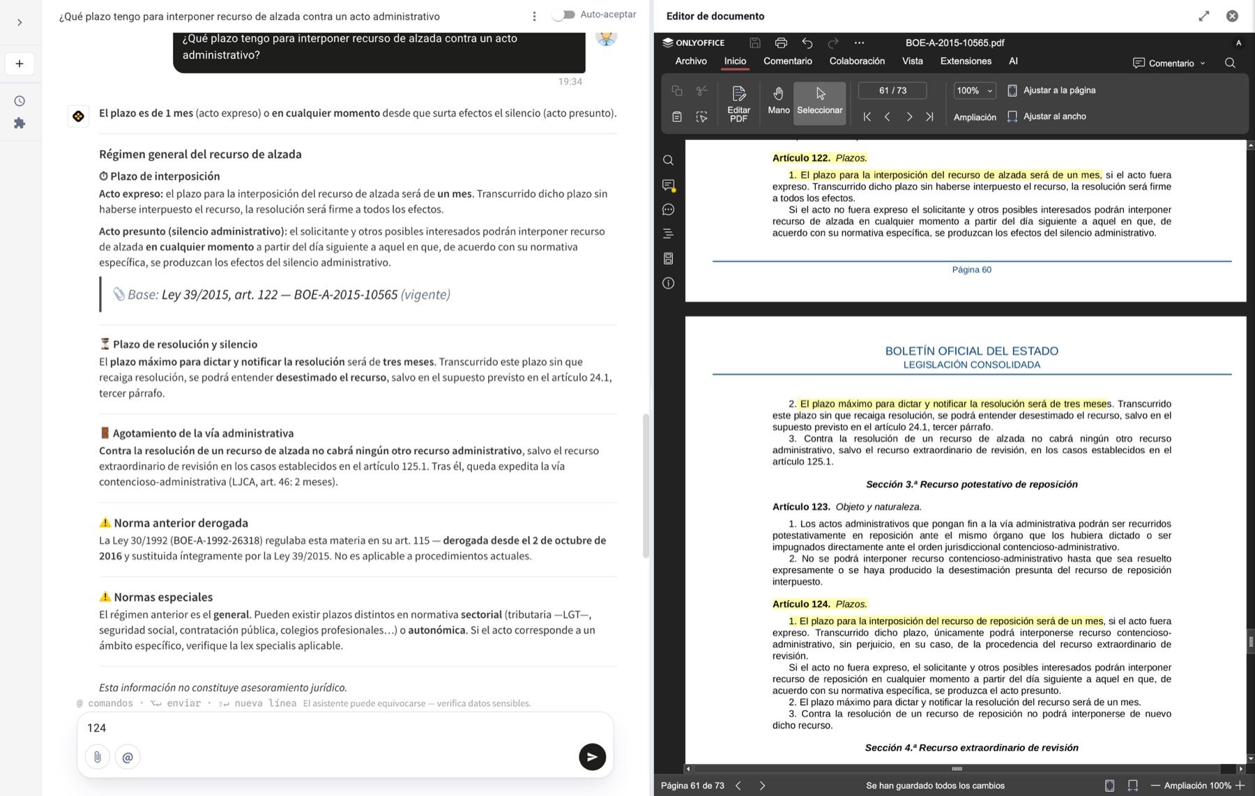 Ponente answering an appeal-deadline question, citing Ley 39/2015 article 122 as in force, beside the highlighted BOE source