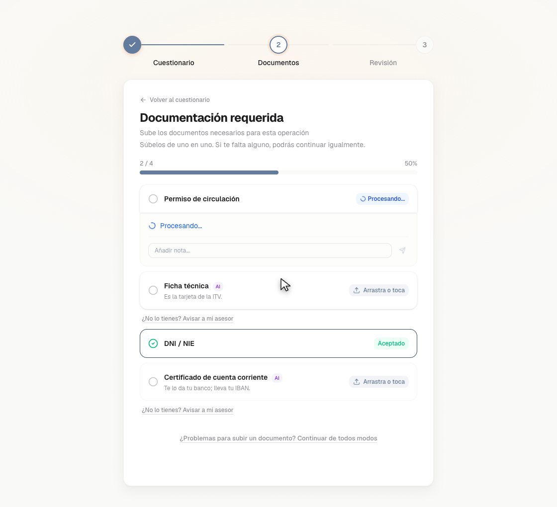 Onboarding portal: the documents a seller must upload, read by AI and accepted, with synthetic data