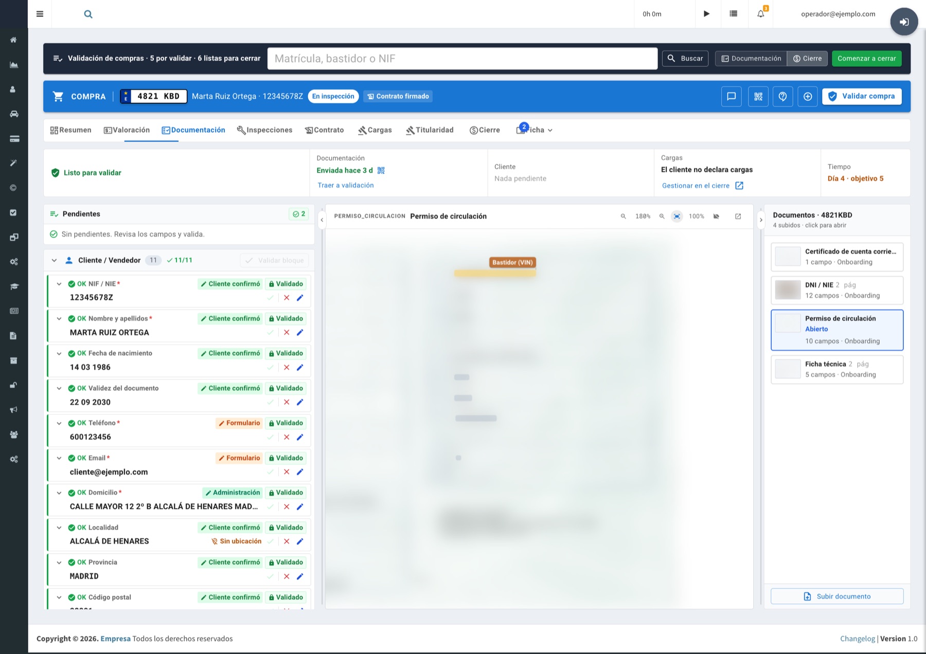 Purchase validation screen: each field with its source and status, beside the source document, with synthetic data